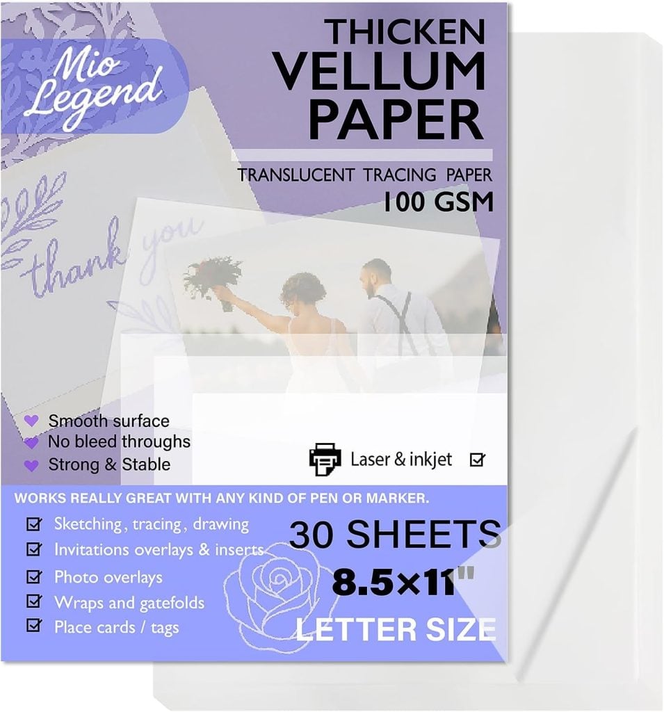 Package of Mio Legend Thicken Vellum Paper, 100 GSM, 30 sheets, letter size (8.5x11 inches), suitable for laser and inkjet printers, with features and uses listed on the packaging.