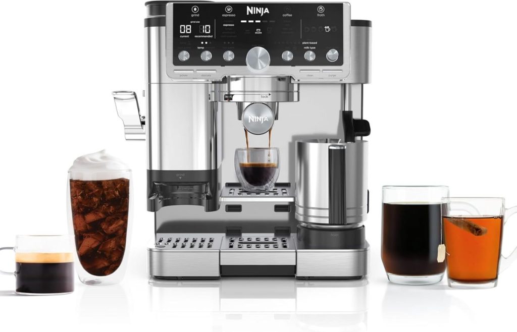 A Ninja espresso and coffee machine with a milk frother, featuring various coffee drinks including espresso, iced coffee, cappuccino, black coffee, and tea in different cups.
