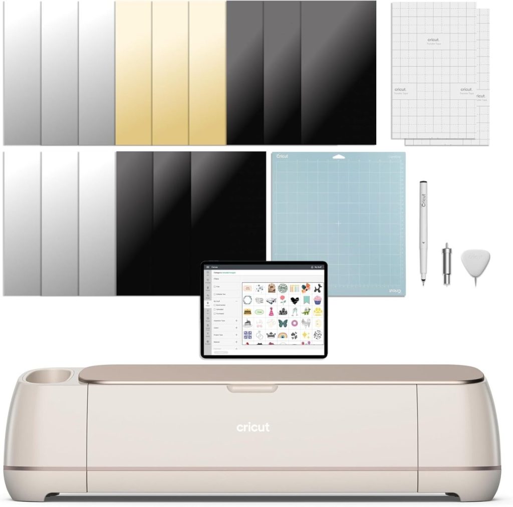 Cricut cutting machine with accessory tools, colorful vinyl sheets, cutting mats, a pen, and a tablet displaying design software—a creative hostess gift for DIY enthusiasts.