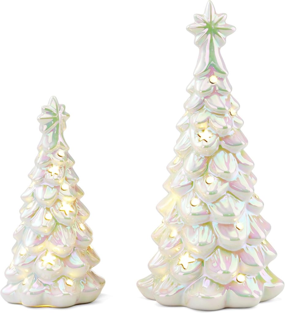 Two iridescent ceramic Christmas trees with star toppers and small built-in lights, one larger and one smaller, are shown on a plain white background.