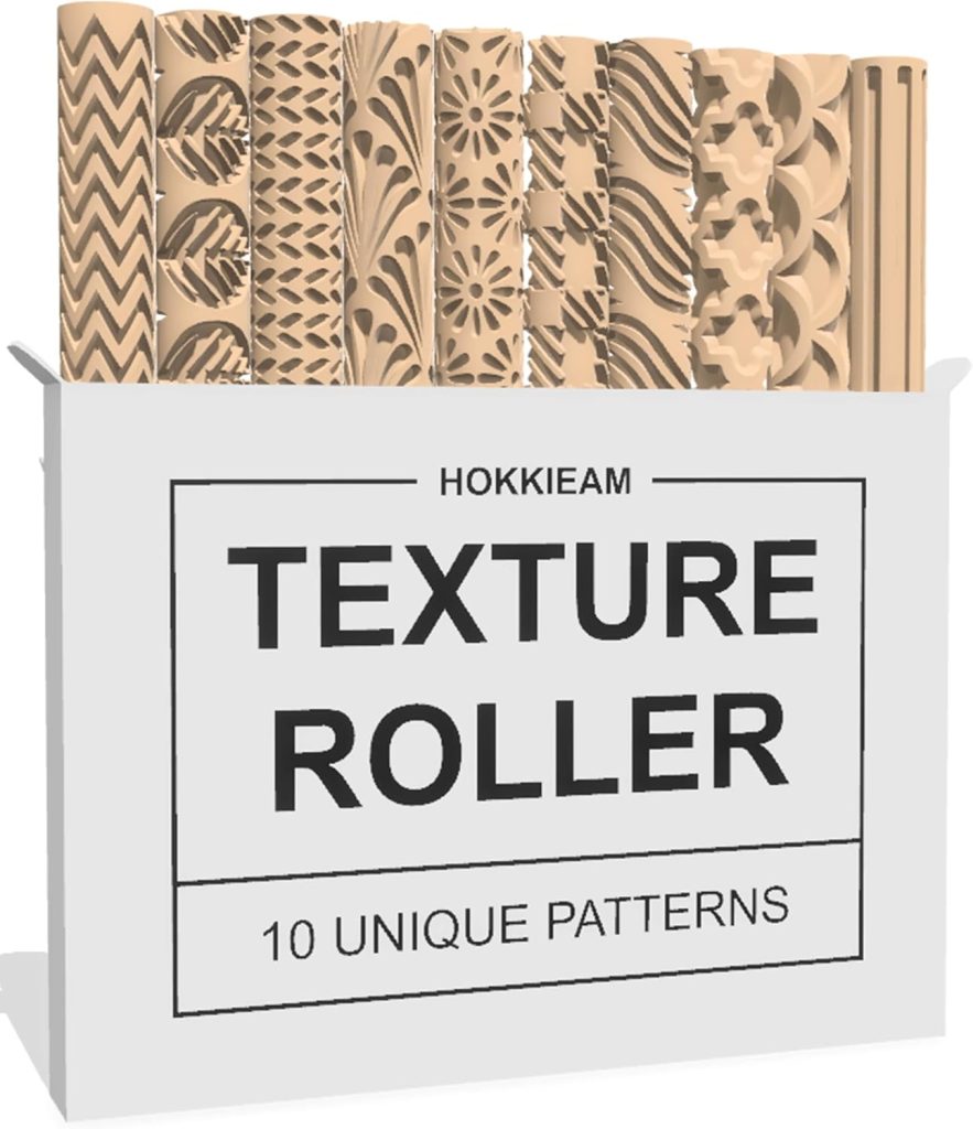 A box labeled "Texture Roller" containing ten wooden rollers, each engraved with a different unique pattern.