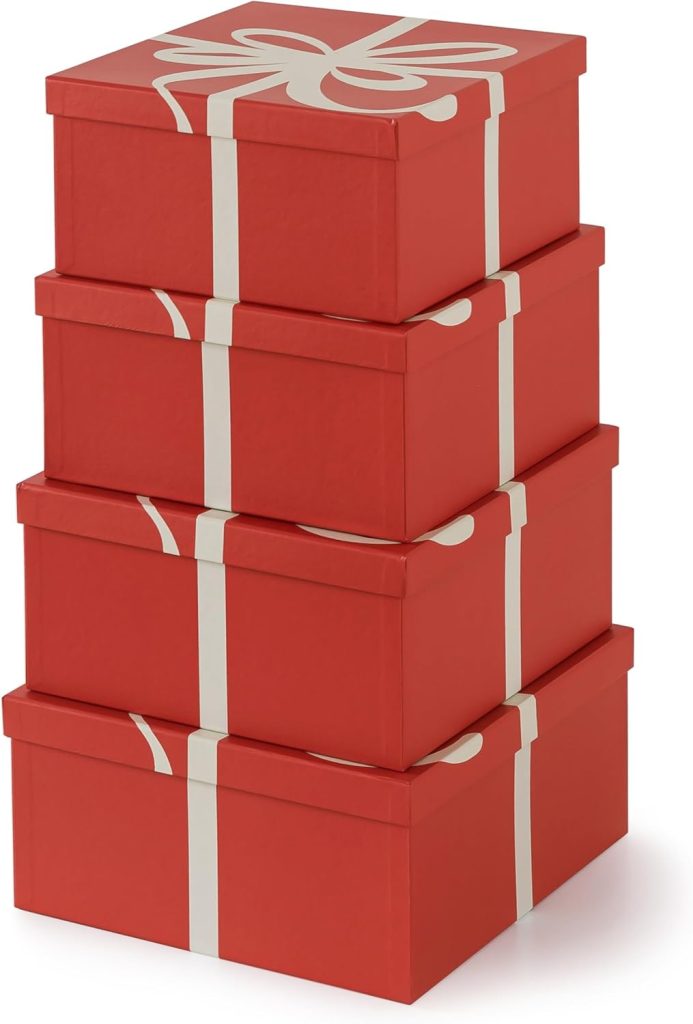 A stack of four red gift boxes with white ribbon designs, arranged neatly on top of each other against a plain background—perfect as a charming hostess gift.