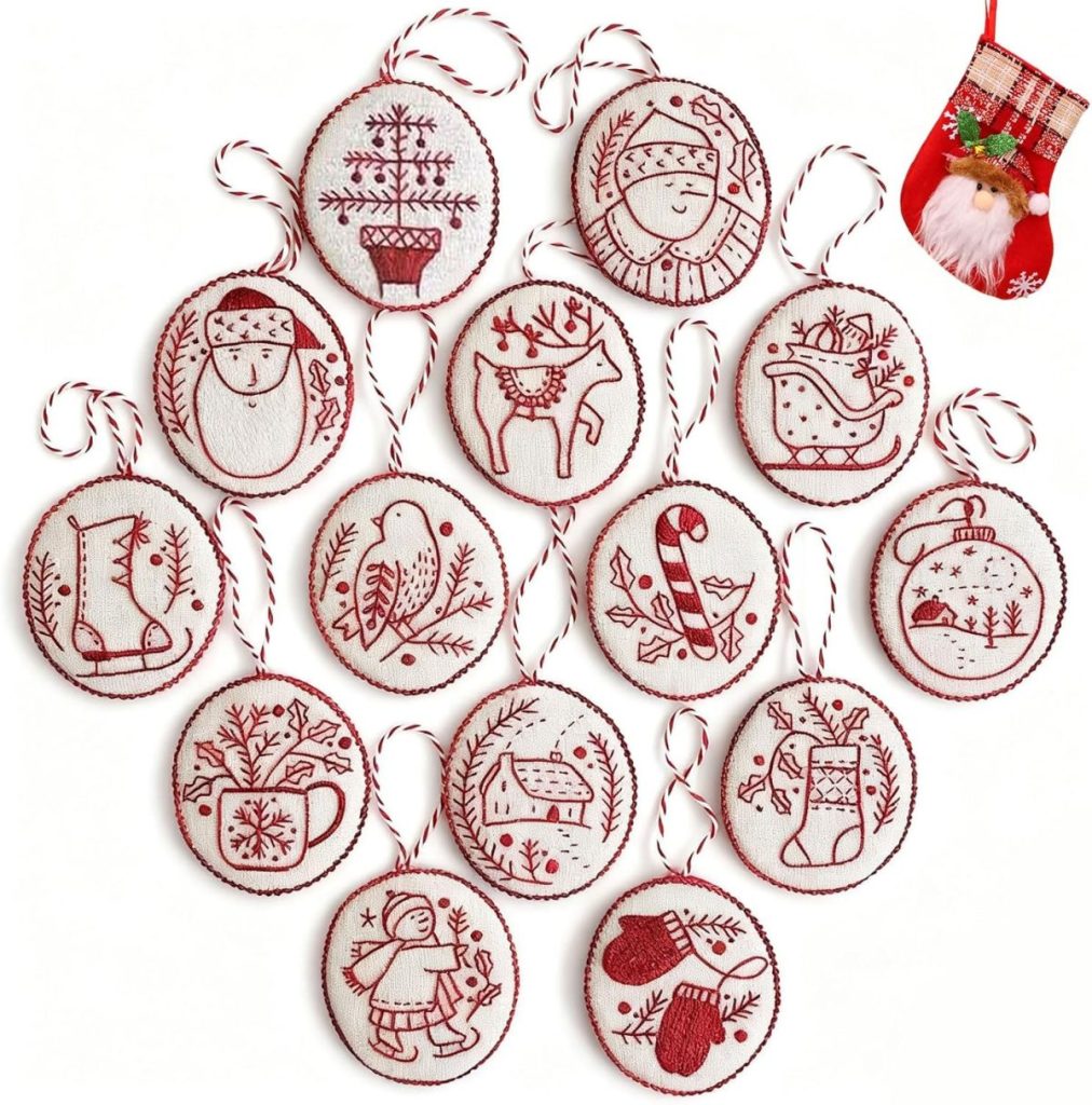 Fourteen round, embroidered Christmas ornaments with red thread designs of festive symbols, and a small red stocking ornament featuring a Santa face in the top right corner.