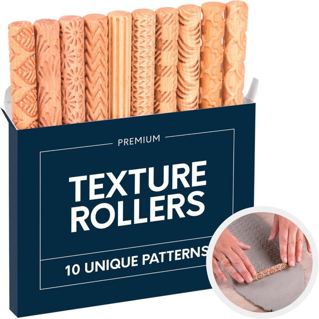 A set of 10 wooden texture rollers with different patterns is shown, along with a close-up of hands using one roller on a sheet of clay.