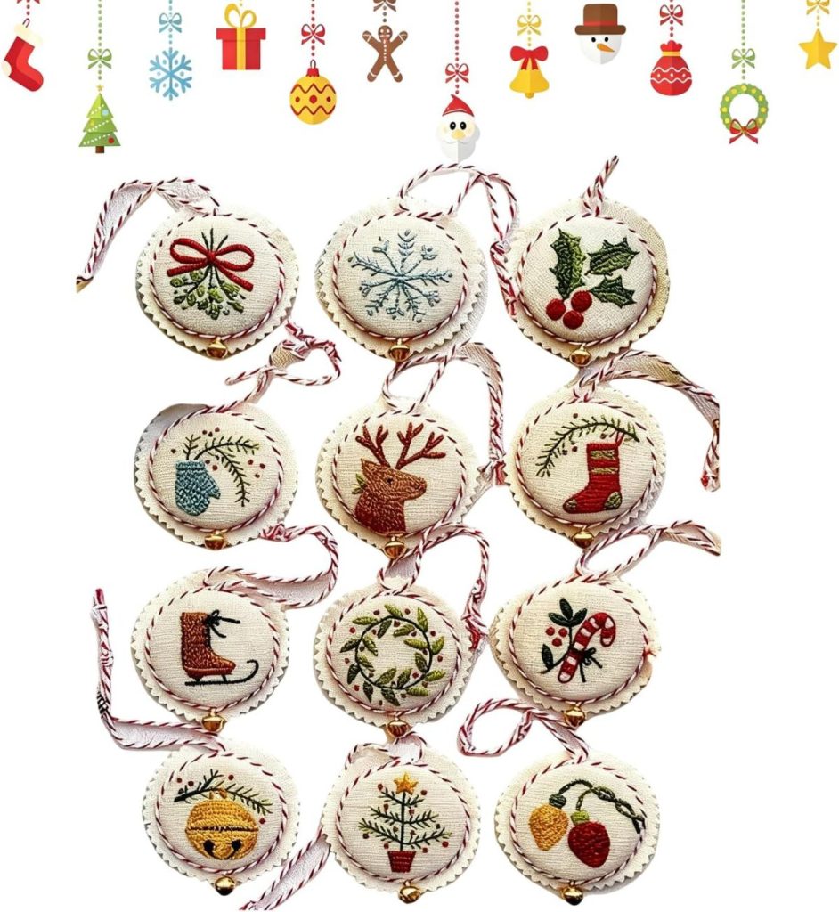 Twelve round embroidered Christmas ornaments with various holiday designs, arranged in a grid, with festive icons along the top edge.