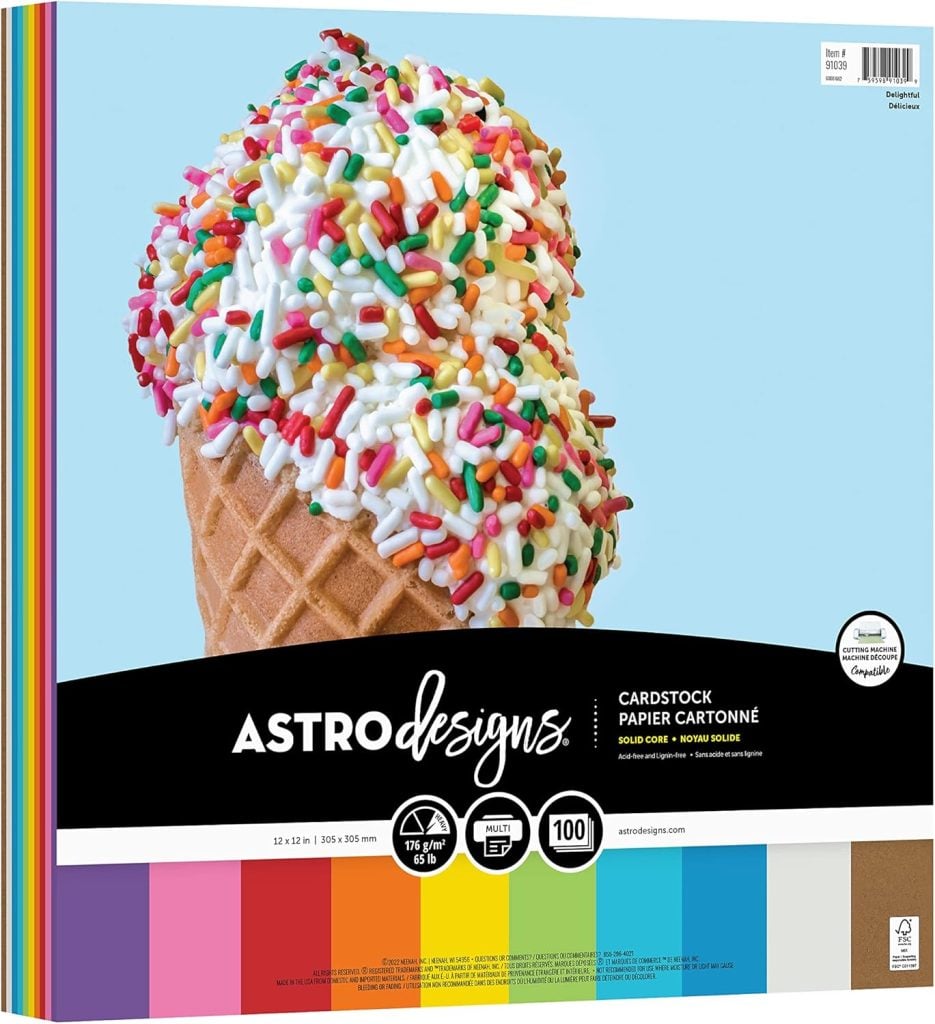 A pack of Astrodesigns cardstock paper with a cover image of an ice cream cone topped with white icing and colorful sprinkles; rainbow-colored paper edges are visible.
