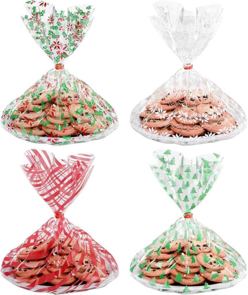 Four clear gift bags filled with cookies, each featuring a festive holiday design—poinsettias, snowflakes, red stripes, and green Christmas trees—make a delightful hostess gift for any holiday celebration.