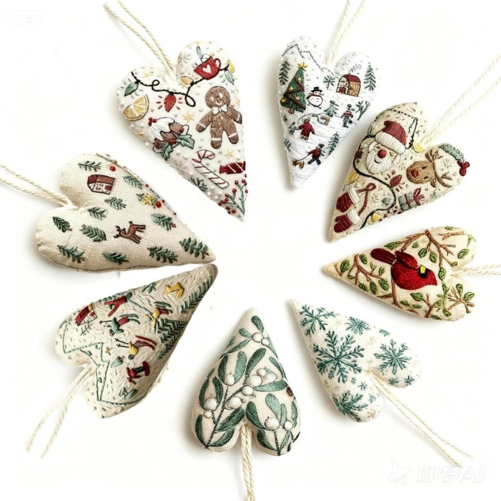 Nine heart-shaped fabric ornaments with various festive and winter-themed patterns are arranged in a circle on a white background.