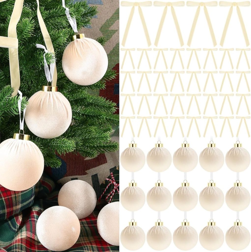 A Christmas tree decorated with beige velvet ornaments and ribbons is shown on the left, while identical ornaments and ribbons are arranged in pairs on a white background on the right.