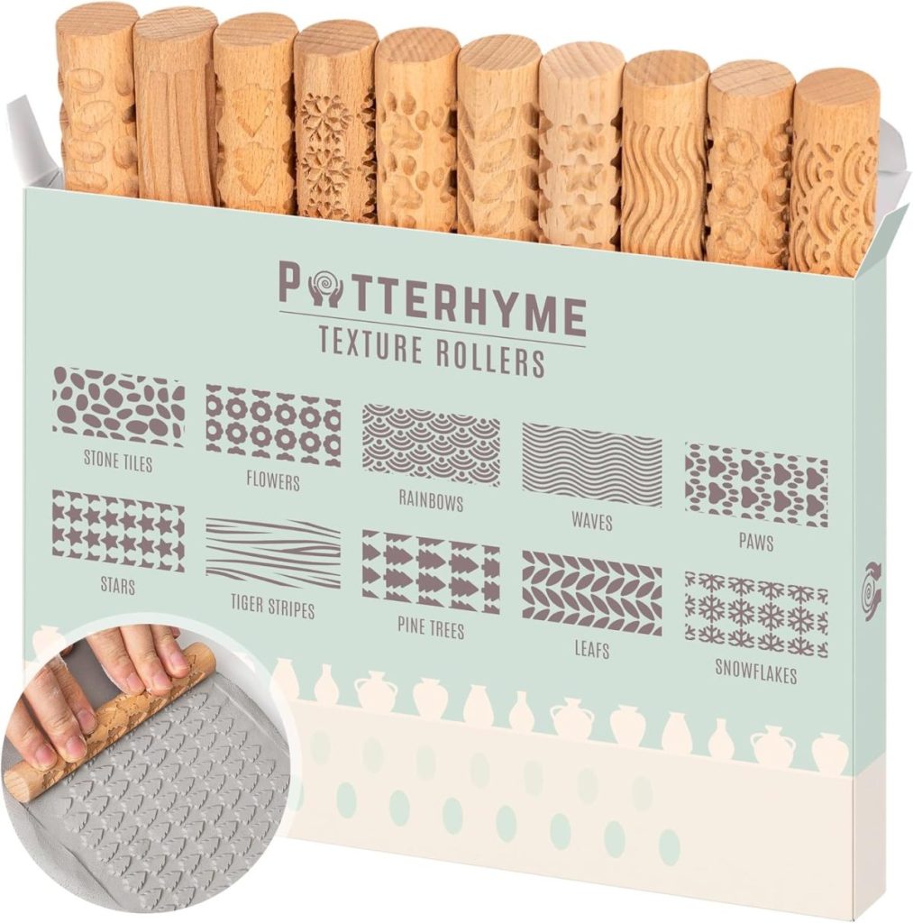 A set of twelve wooden texture rollers in a box labeled "Potterhyme Texture Rollers," each with a different pattern for decorating clay, shown with example textures.