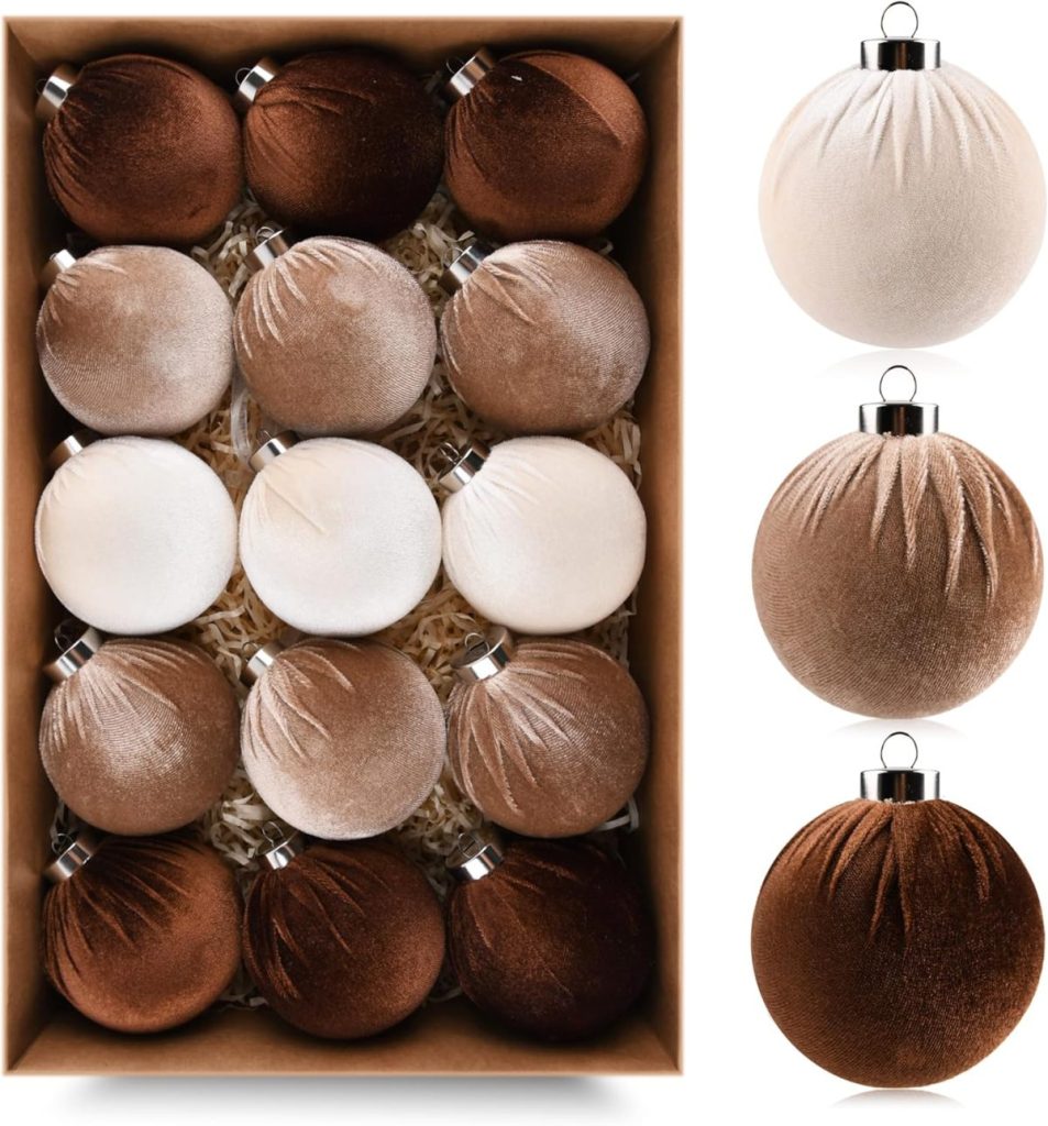 A box of sixteen velvet Christmas ornaments in shades of brown and cream, shown with four individual ornaments in white, light brown, medium brown, and dark brown.