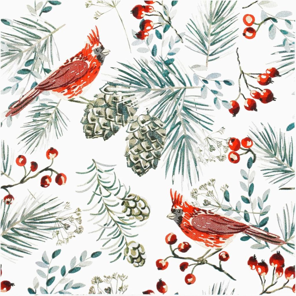 Illustration of two red cardinals perched among pine branches, pinecones, and red berries on a white background—a charming scene perfect as a hostess gift.