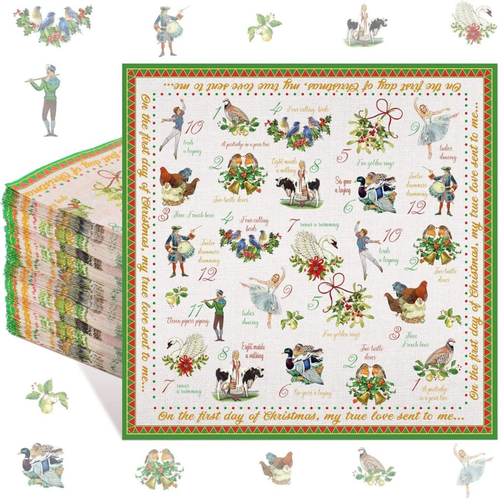 Christmas-themed napkins featuring illustrations and text from the "Twelve Days of Christmas" song, with numbers and images for each verse, including a festive touch like an oyster shell to add coastal holiday charm.