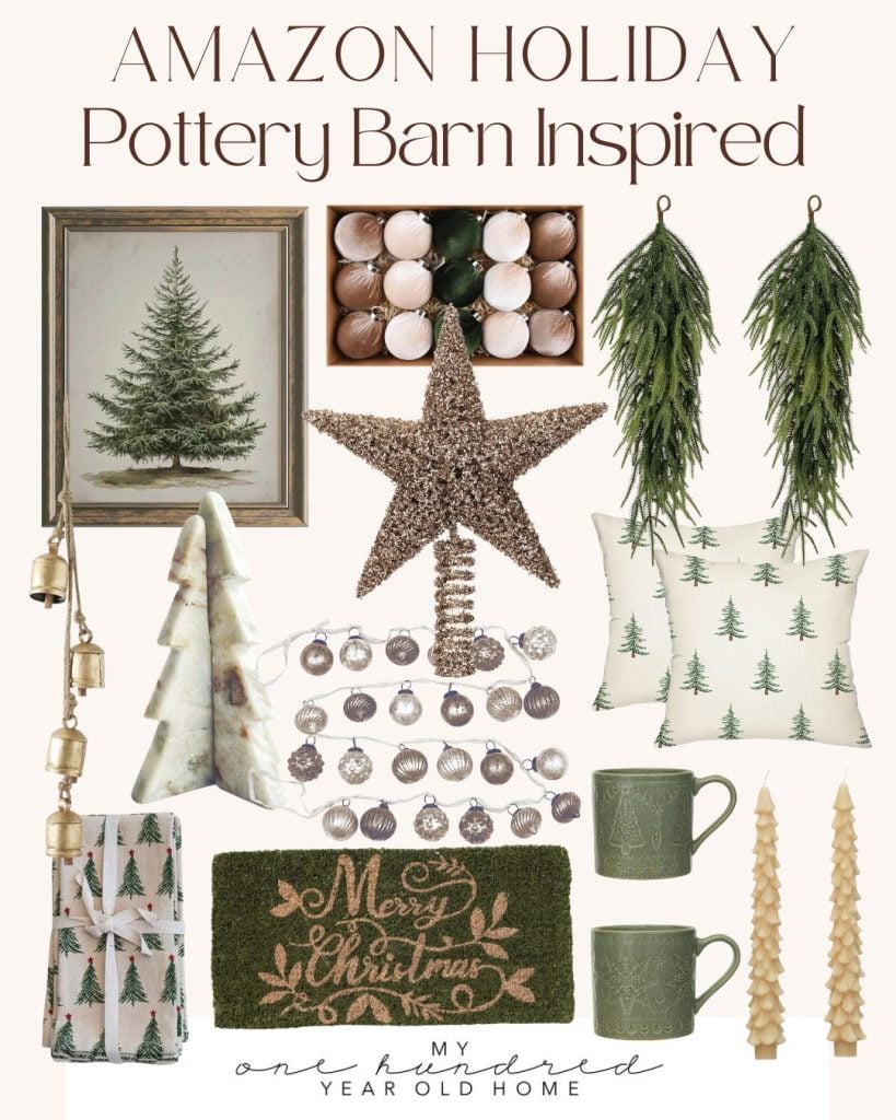 A collage of Pottery Barn-inspired holiday decor items including pine tree prints, garlands, pillows, mugs, a tree topper, candles, bells, and a "Merry Christmas" doormat.