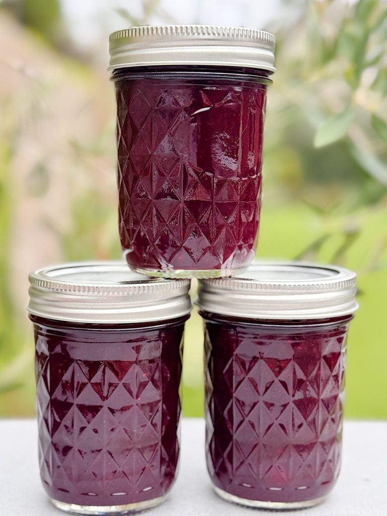 Three glass jars filled with dark purple jam are stacked in a pyramid shape on an outdoor surface, with a blurred natural background.