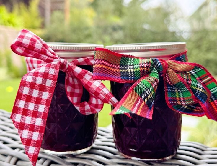 Two glass jars of dark jam with metal lids, each decorated with a large, colorful ribbon bow, are placed on a wicker surface outdoors.