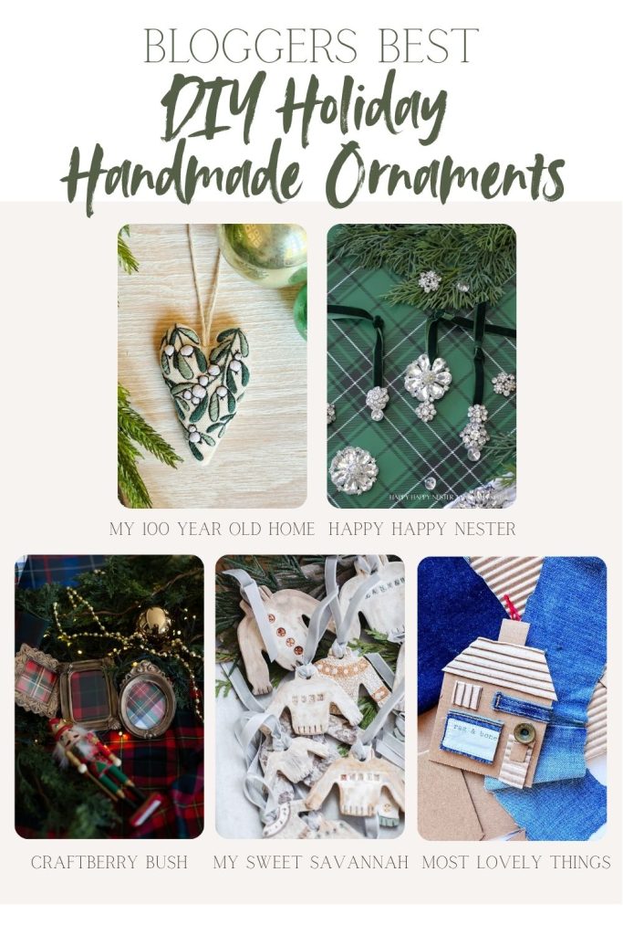 A collage of five DIY holiday ornament projects, each with a photo and blog name, under the heading "Bloggers Best DIY Holiday Handmade Ornaments.