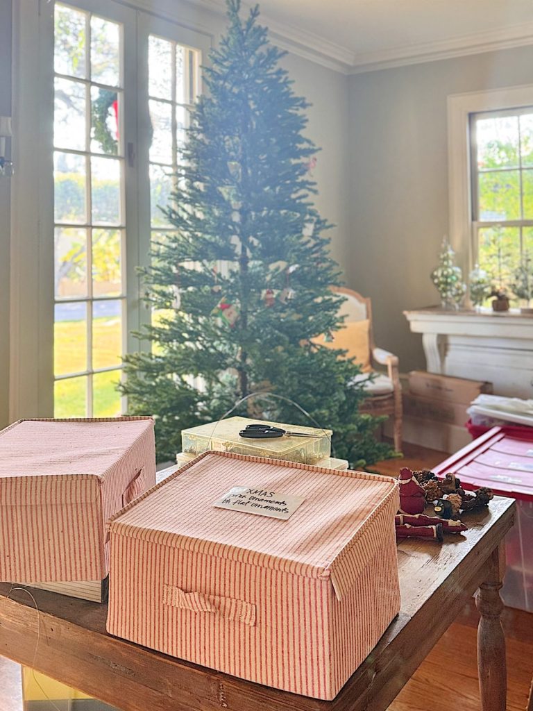 A sparsely decorated Christmas tree stands in a bright living room. Storage boxes and holiday decorations are arranged on a wooden table in the foreground.