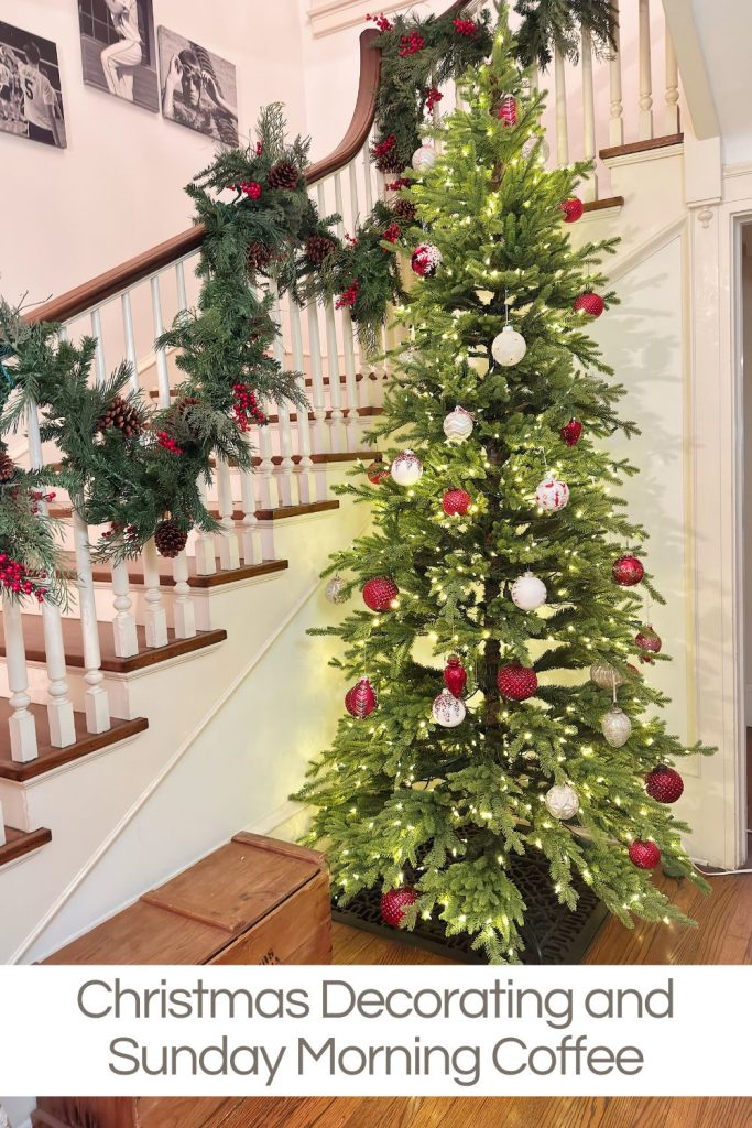 A decorated Christmas tree with red and white ornaments stands by a staircase adorned with garland; a wooden bench sits nearby. Text reads: "Christmas Decorating and Sunday Morning Coffee.