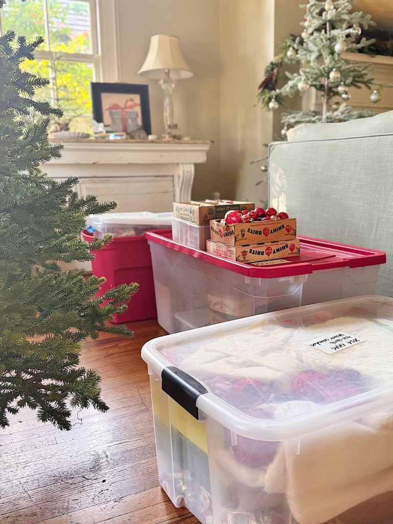 Clear plastic storage bins and boxes filled with Christmas decorations are placed on a wooden floor near a decorated tree and a white sofa.