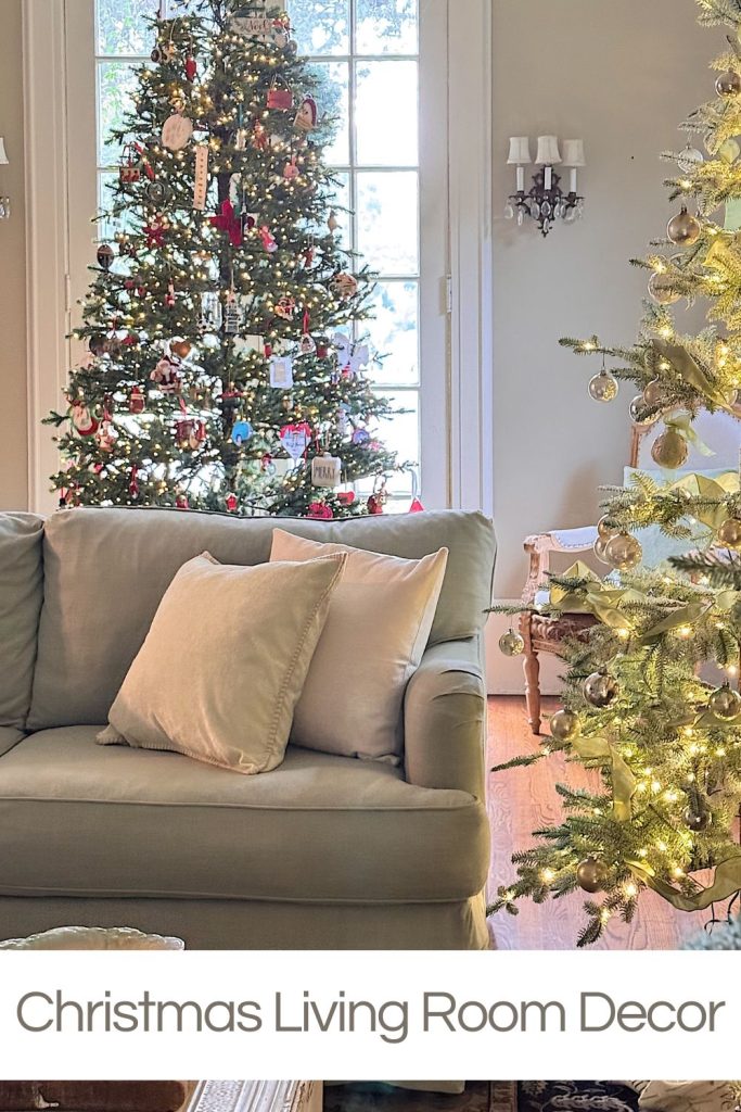 A living room decorated for Christmas with two decorated Christmas trees, a sofa with pillows, and natural light coming through large windows.