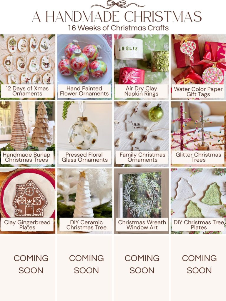 A calendar titled "A Handmade Christmas: 16 Weeks of Christmas Crafts" showcases DIY craft photos for the first 12 weeks, with the last 4 weeks labeled "coming soon"—perfect inspiration as you prep for Black Friday holiday crafting.