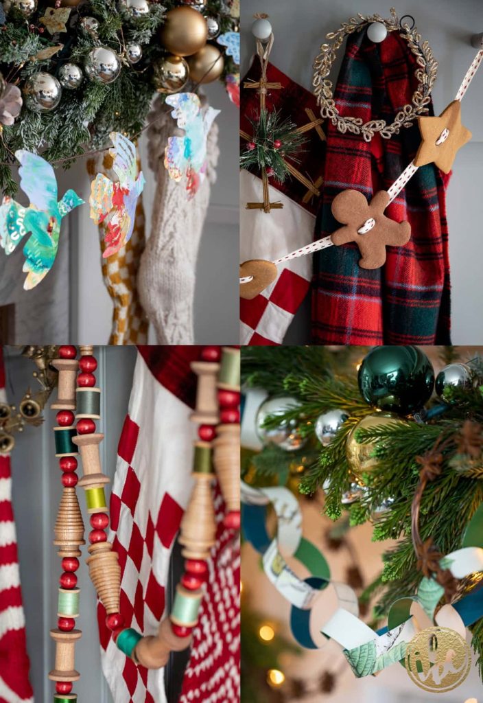 Collage of four Christmas decorations: paper garland, gingerbread garland on plaid scarf, wooden bead garland, and hexagon paper chain on a tree.