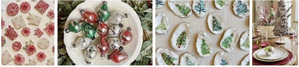 Four images show Christmas-themed ornaments: stamped clay decorations, vintage glass bulbs, painted shell ornaments with trees, and a festive holiday table setting.