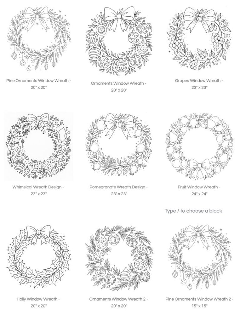 A 3x3 grid of black-and-white line drawings of various wreath designs, perfect for window art, each labeled with its name and dimensions below the image.