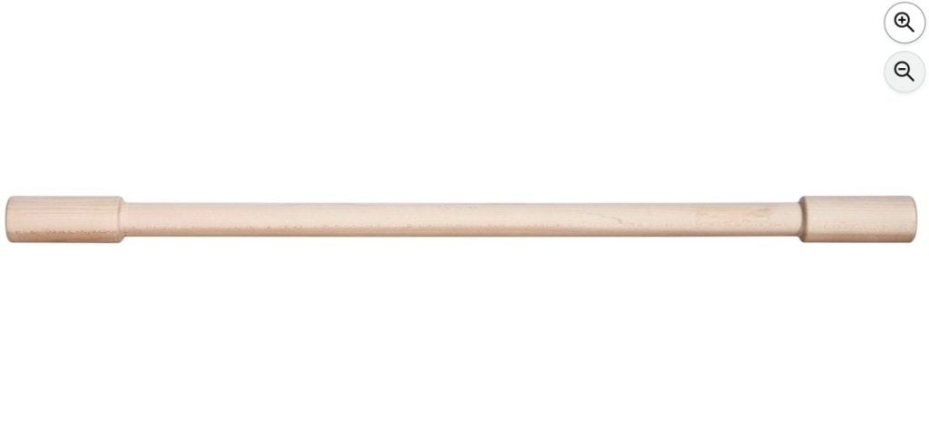 A plain wooden dowel rod with thicker ends and a smooth, light-colored surface, shown on a white background.