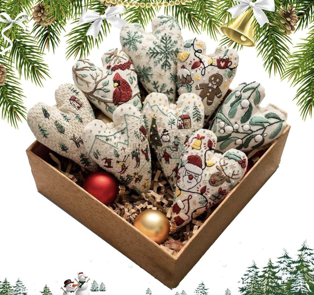 A brown box filled with fabric Christmas ornaments shaped like hearts, featuring festive patterns, next to three baubles, surrounded by holiday-themed graphics.