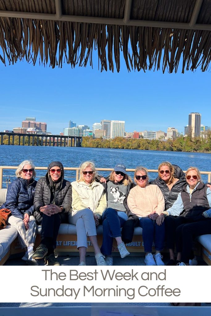 Eight women sit on a bench under a thatched roof with a city skyline and river in the background; text reads, "The Best Week and Sunday Morning Coffee.