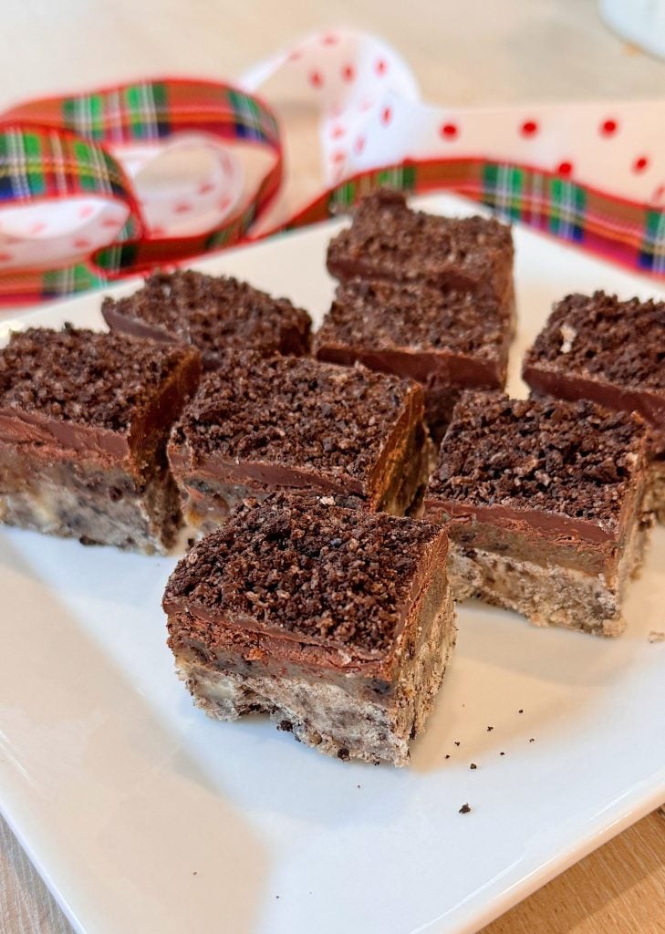 Nine chocolate layered dessert bars with a crumbly topping are arranged on a white plate; a decorative ribbon is in the background.