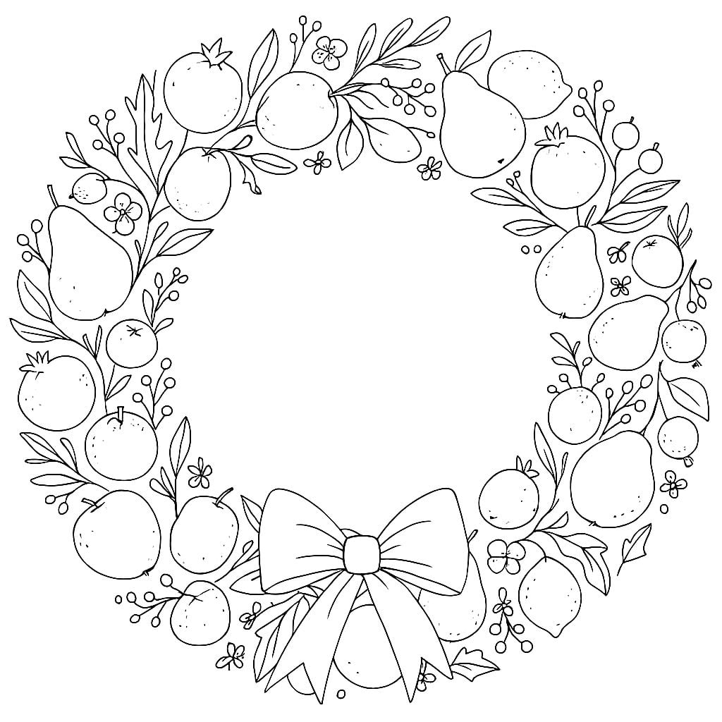 Black and white illustration of a decorative wreath made of various fruits, leaves, and flowers, with a bow at the bottom center.