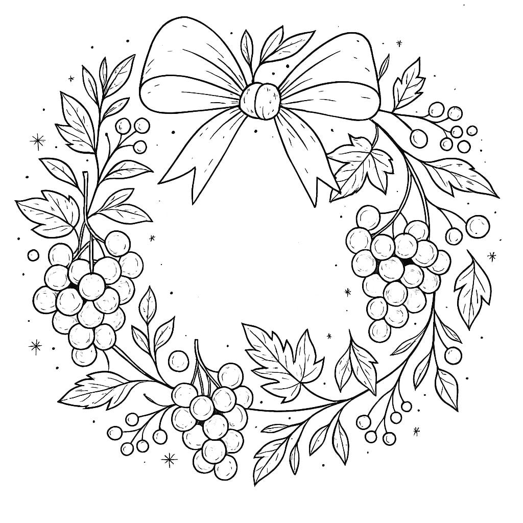 Black and white drawing of a circular wreath with leaves, berries, and a large ribbon bow at the top.