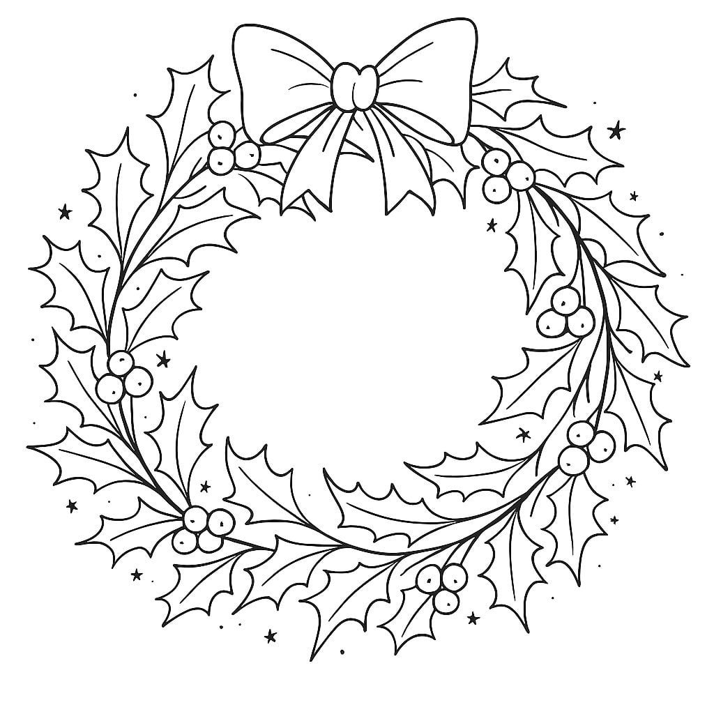 Black and white illustration of a holiday wreath with holly leaves, berries, and a large bow at the top, arranged in a circular pattern.