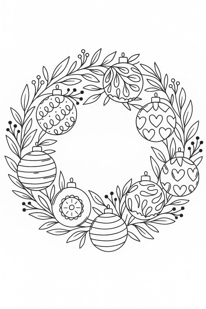 Black and white illustration of a holiday wreath decorated with various patterned ornaments and surrounded by leaves and berries.