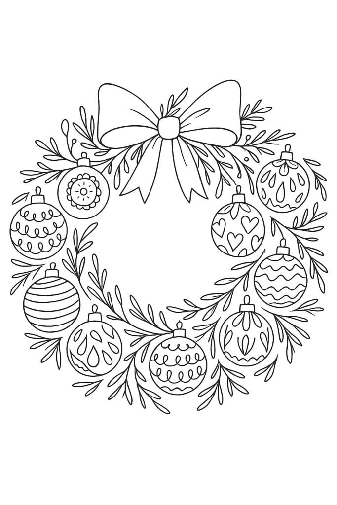 Black and white illustration of a holiday wreath with a bow on top, decorated with various patterned ornaments and pine branches.