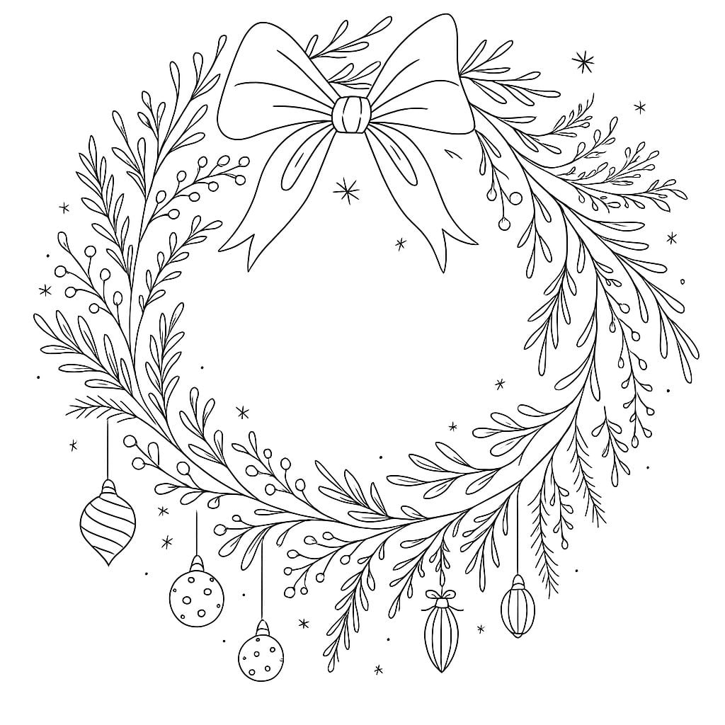 Black and white illustration of a circular holiday wreath with a large bow, hanging ornaments, and decorative foliage.