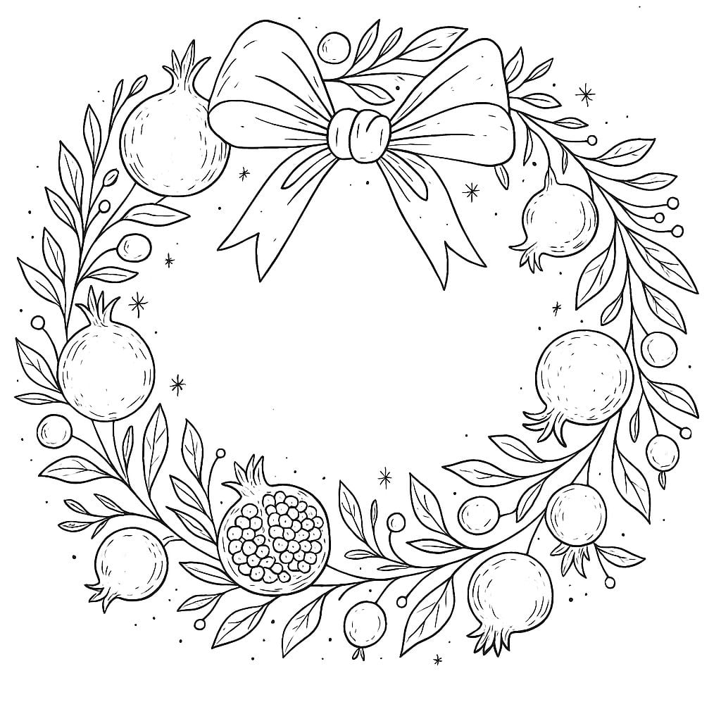 Black and white illustration of a circular wreath decorated with pomegranates, leaves, berries, and a large bow at the top.