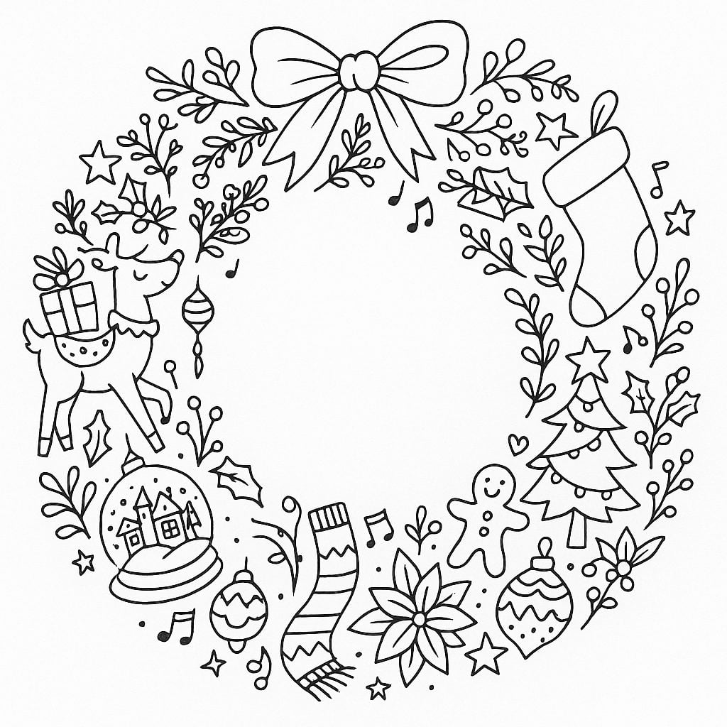 A circular Christmas wreath with a bow, decorated with a reindeer, stocking, ornaments, tree, gingerbread man, poinsettia, and other festive elements.