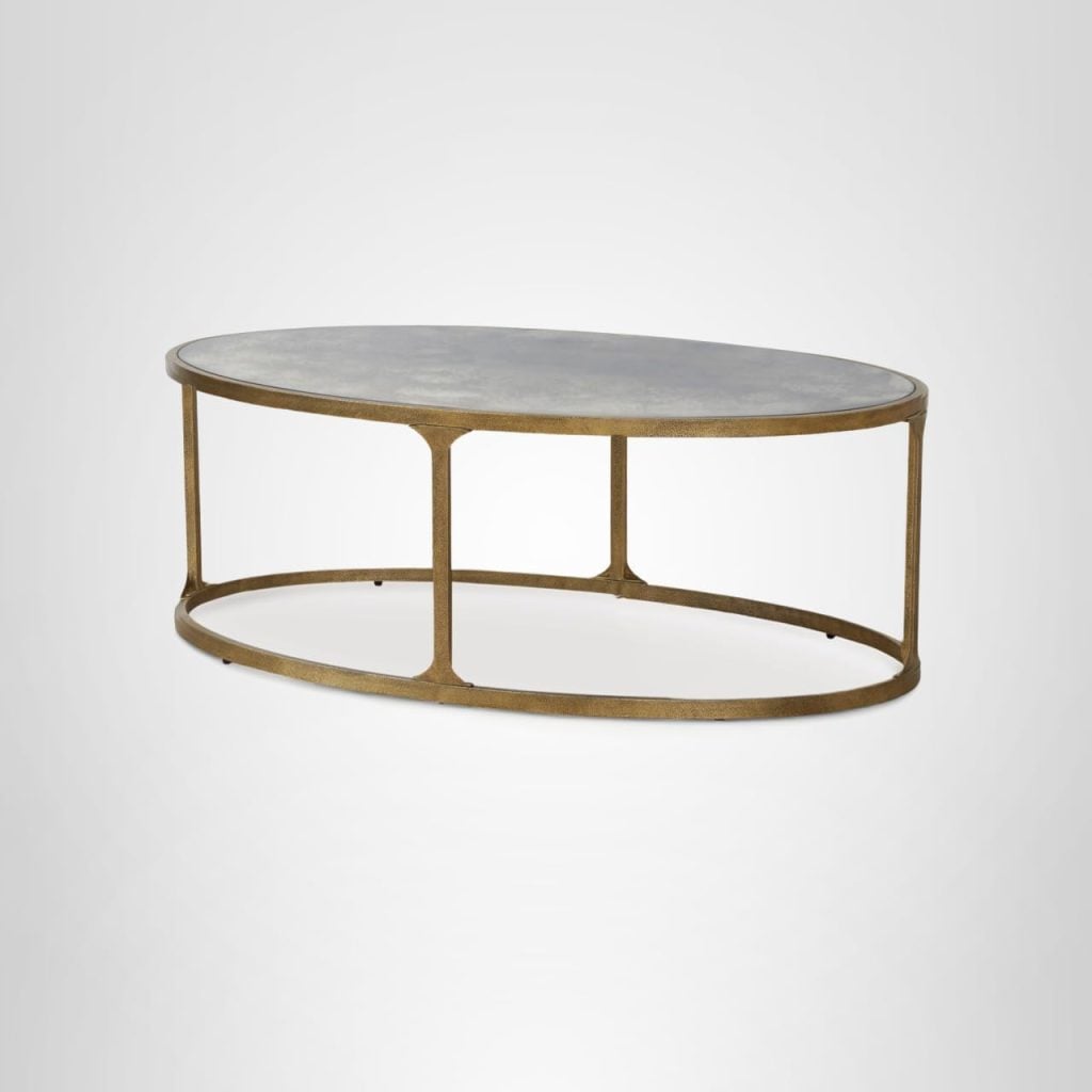 Oval coffee table with a thin metal frame and an open base, featuring a smooth, solid surface top against a plain white background.