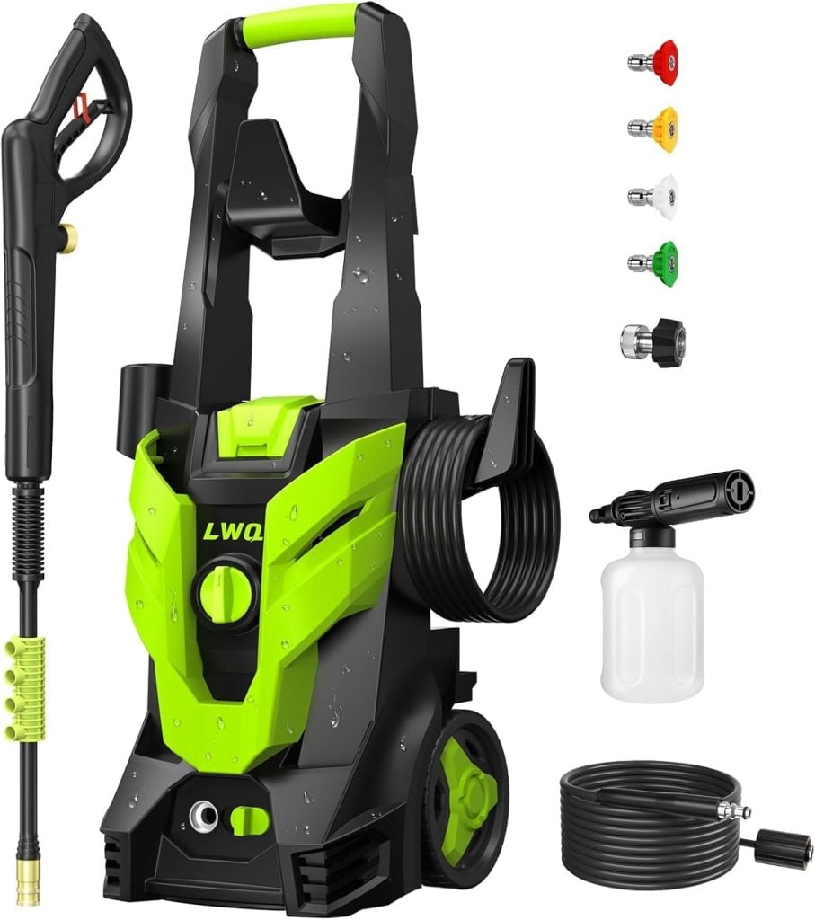 Amazon Finds: Electric pressure washer in green and black with hose, spray gun, detergent bottle, black hose, and five nozzle attachments displayed on a white background.