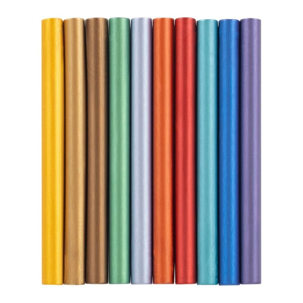 Twelve rolls of colored wrapping paper are arranged vertically side by side, featuring a variety of bright and metallic colors.