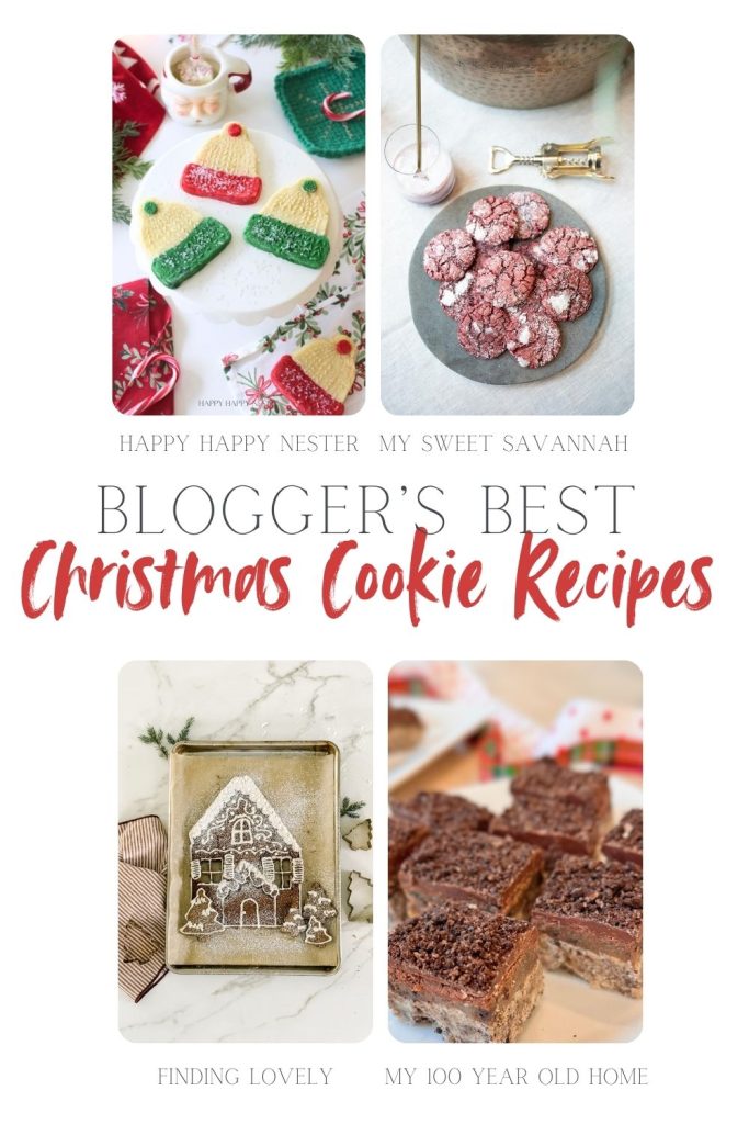 A collage of four delicious Christmas cookie recipes labeled with blog names, showcasing festive cookies and bars on plates and trays. Text reads "Blogger's Best Christmas Cookie Recipes.