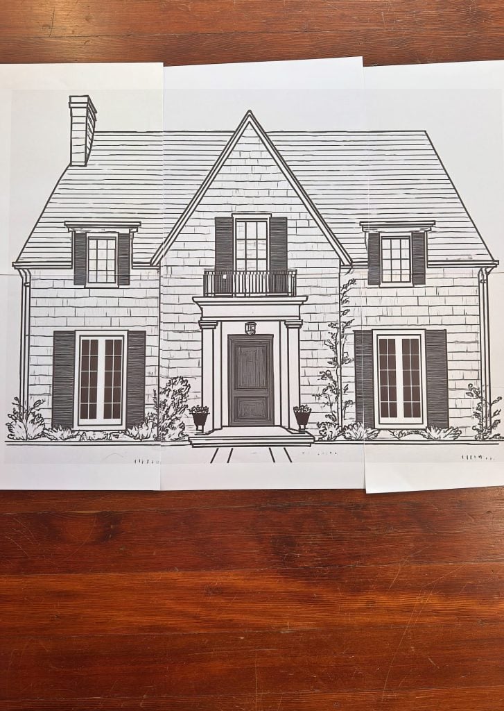 Black and white architectural drawing of a two-story house with a central door, balcony, chimney, shutters on windows, and potted plants by the entrance.