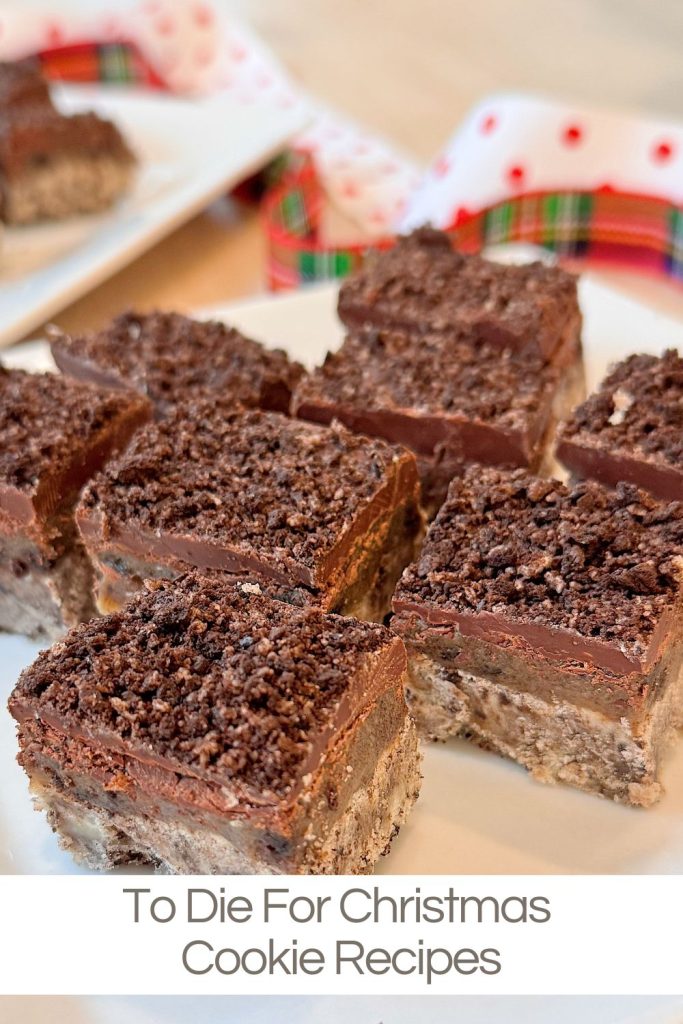 Close-up of chocolate-topped cookie bars with a crumbly base, arranged on a white plate with a holiday-themed napkin in the background. Text reads: "To Die For Christmas Cookie Recipes.
