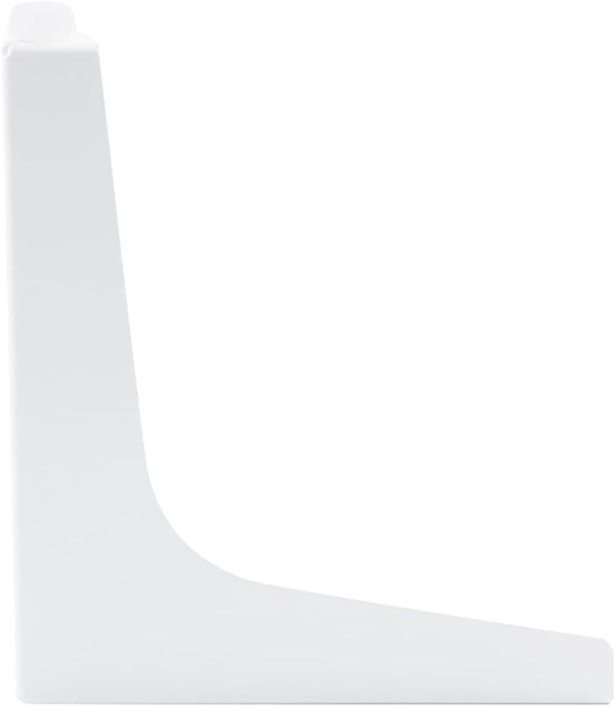 White metal L-shaped shelf bracket against a plain background, photographed from the side.