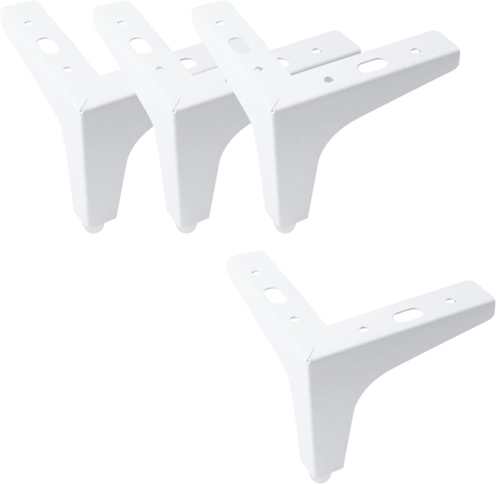 Four white metal furniture legs arranged on a white background.
