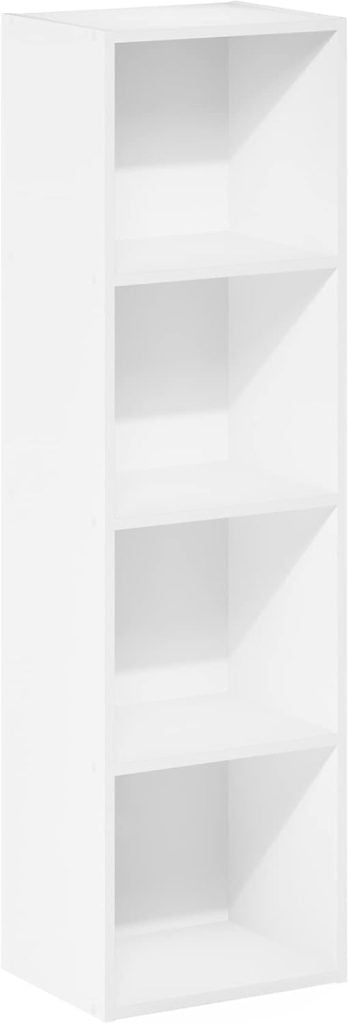 Tall, rectangular white bookshelf with four open shelves, standing upright against a plain background.